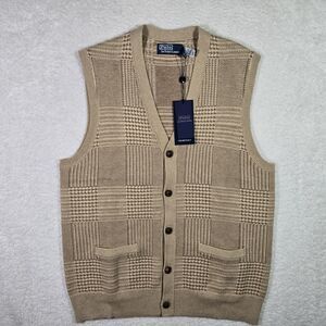 $268 Polo Ralph Lauren Trendy Golf Mens Large Glen Plaid Sweater Vest Tan L